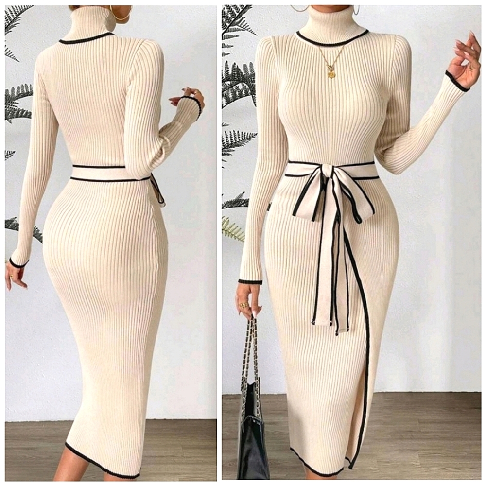 New Luxe Wrap Front Bodycon Ribbed Knit Dress Long Midi Cream Ivory Black - Picture 5 of 7